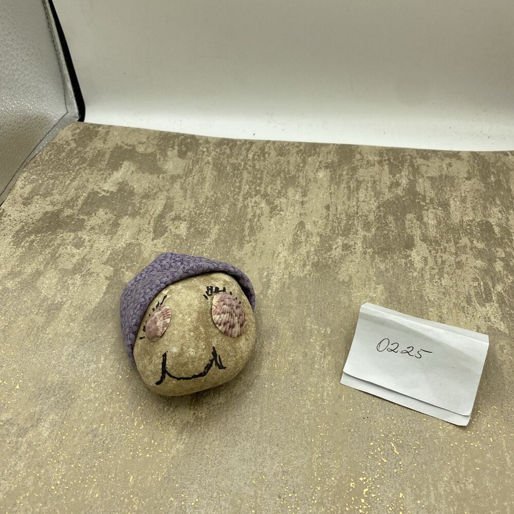 Hand Painted Rock Paperweight With Face Including Shell Eyes And Head Scarf 5”
